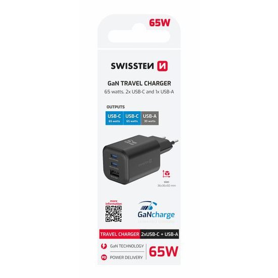 Síťový adaptér GaN 2x USB-C 65W PD + 1x USB-A 30W QC černý - SWISSTEN