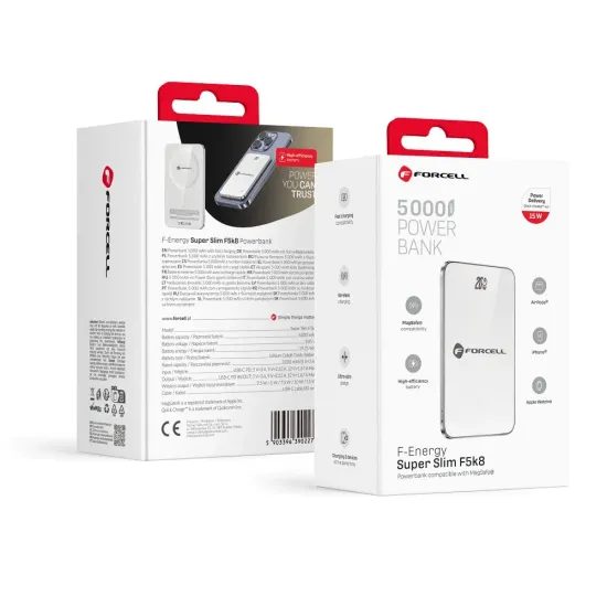 Tenká powerbanka Forcell F-Energy Super Slim F5k8 s MagSafe PD3.0 QC4.0 15W 5000mAh - bílá