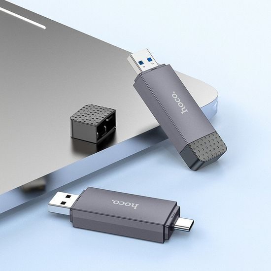 Čtečka karet 2v1 USB A + typ C 2.0 kovově šedá - HOCO