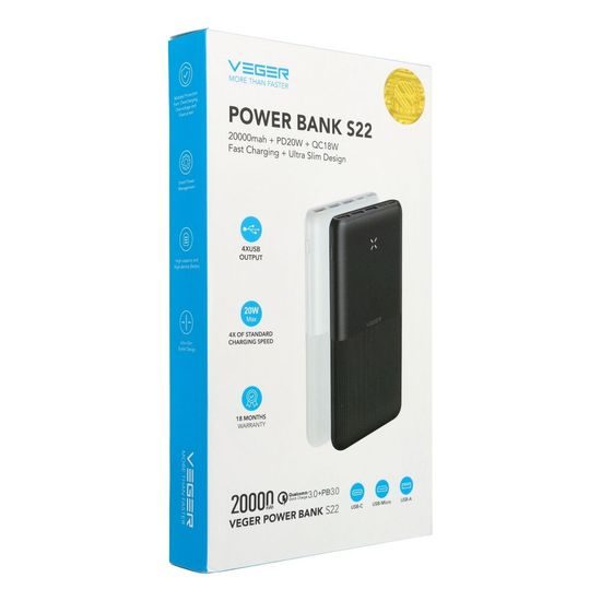 Power banka 20 000 mAh s LCD 20W bílá - Veger