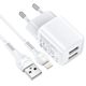 2.4A 2xUSB töltő Lightning kábellel 1m fehér - HOCO N4