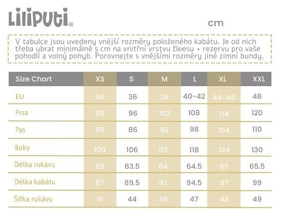 Liliputi nosící kabát velikostní tabulka 2023