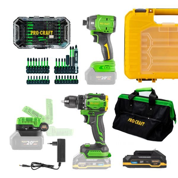 PROCRAFT AKU SADA NÁŘADÍ 20V 5DÍLŮ S BATERIÍ A NABÍJEČKOU | AKUSET2 PROCRAFT - AKU SADY{% if zbozi.kategorie.adresa_nazvy[0] != zbozi.kategorie.nazev %} - AKU NÁŘADÍ{% endif %}