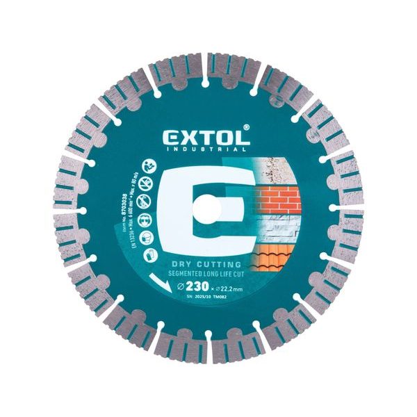EXTOL INDUSTRIAL KOTOUČ DIAMANTOVÝ ŘEZNÝ SEGMENTOVÝ LONG LIFE CUT, SUCHÉ ŘEZÁNÍ, O 230X22,2X2,3MM, 8703038 - DIA KOTOUČ 230 MM{% if zbozi.kategorie.adresa_nazvy[0] != zbozi.kategorie.nazev %} - PŘÍSLUŠENSTVÍ{% endif %}