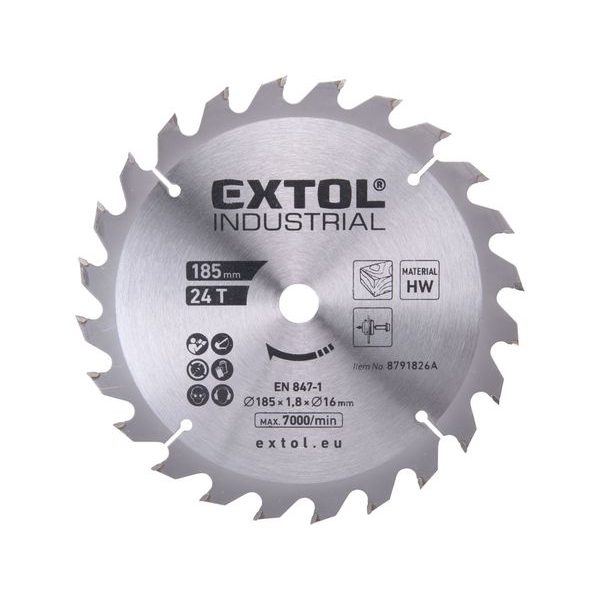EXTOL INDUSTRIAL TLUSTŠÍ KOTOUČ PILOVÝ S SK PLÁTKY, 185X2,1X16MM, 24T, 8791826A-R - PRO PILY EXTOL{% if zbozi.kategorie.adresa_nazvy[0] != zbozi.kategorie.nazev %} - NÁHRADNÍ DÍLY{% endif %}
