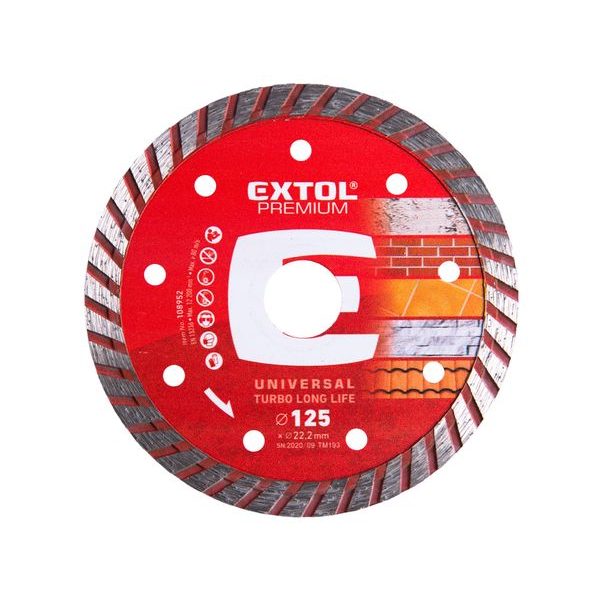 EXTOL PREMIUM KOTOUČ DIAMANTOVÝ ŘEZNÝ, TURBO LONG LIFE - SUCHÉ I MOKRÉ ŘEZÁNÍ, 125X22,2X2,3MM, 108952 - DIA KOTOUČ 125 MM{% if zbozi.kategorie.adresa_nazvy[0] != zbozi.kategorie.nazev %} - PŘÍSLUŠENSTVÍ{% endif %}