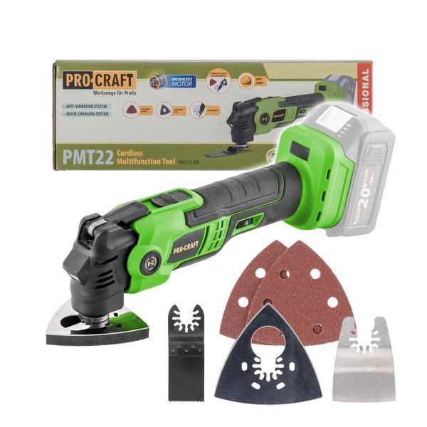 AKU MULTIFUNKČNÍ OSCILAČNÍ BRUSKA PMT22BB PROCRAFT (BEZ BATERIE A NABÍJEČKY) | PMT22BB PROCRAFT - AKU MULTIFUNKČNÍ BRUSKY (MULTITOOL){% if zbozi.kategorie.adresa_nazvy[0] != zbozi.kategorie.nazev %} - AKU NÁŘADÍ{% endif %}