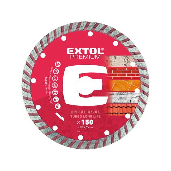 EXTOL PREMIUM KOTOUČ DIAMANTOVÝ ŘEZNÝ, TURBO LONG LIFE - SUCHÉ I MOKRÉ ŘEZÁNÍ, 150X22,2X2,5MM, 108953 - DIA KOTOUČ 150 MM{% if zbozi.kategorie.adresa_nazvy[0] != zbozi.kategorie.nazev %} - PŘÍSLUŠENSTVÍ{% endif %}