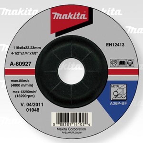 MAKITA A-80927 - KOTOUČ BRUSNÝ OCEL 115X6X22.23MM - BRUSNÉ KOTOUČE NA KOV{% if zbozi.kategorie.adresa_nazvy[0] != zbozi.kategorie.nazev %} - PŘÍSLUŠENSTVÍ{% endif %}