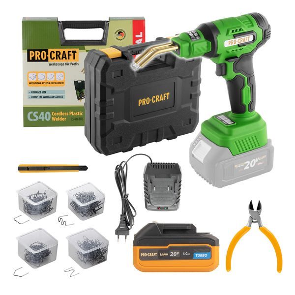 SADA AKU SVÁŘEČKA PRO PLASTY PROCRAFT SCS40 + BATERIE 20/4 TURBO A NABÍJEČKA 20/1 | SCS40 PROCRAFT - AKU SPECIALITY{% if zbozi.kategorie.adresa_nazvy[0] != zbozi.kategorie.nazev %} - AKU NÁŘADÍ{% endif %}