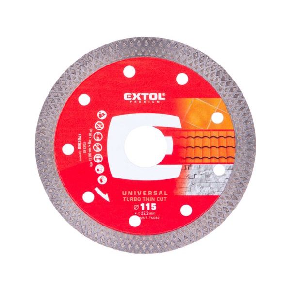 EXTOL PREMIUM KOTOUČ DIAMANTOVÝ ŘEZNÝ, TURBO THIN CUT, SUCHÉ I MOKRÉ ŘEZÁNÍ, O 115X22,2X1,2MM, 8803041 - DIA KOTOUČ 115 MM{% if zbozi.kategorie.adresa_nazvy[0] != zbozi.kategorie.nazev %} - PŘÍSLUŠENSTVÍ{% endif %}