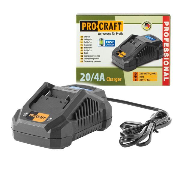 NABÍJEČKA PRO 20V LI-ION BATERIE PROCRAFT 20/4А FAST CHARGE | 20/4A PROCRAFT - PŘÍSLUŠENSTVÍ PROCRAFT{% if zbozi.kategorie.adresa_nazvy[0] != zbozi.kategorie.nazev %} - NÁHRADNÍ DÍLY{% endif %}