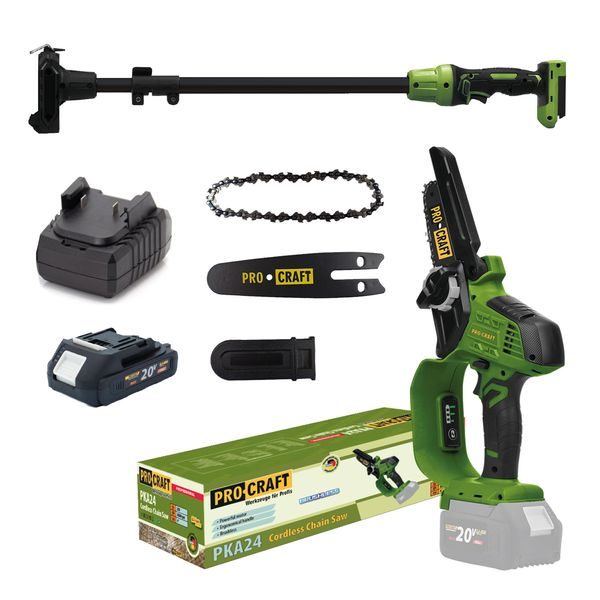 AKU ŘETĚZOVÁ PILA PKA24 A PRODLUŽOVACÍ NÁSTAVEC SADA S BATERIÍ 20V 2AH A NABÍJEČKOU | SPKA24/20-1/20-2A/PPKA24 PROCRAFT - PROŘEZÁVACÍ PILY{% if zbozi.kategorie.adresa_nazvy[0] != zbozi.kategorie.nazev %} - ZAHRADA{% endif %}