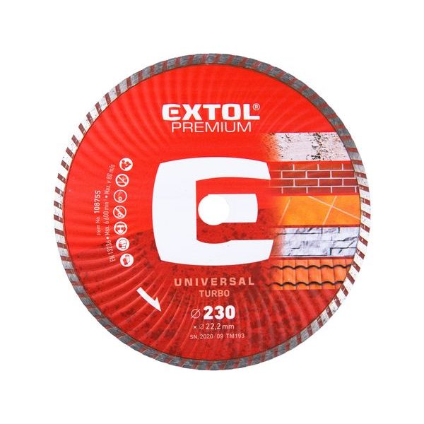 EXTOL PREMIUM KOTOUČ DIAMANTOVÝ ŘEZNÝ, TURBO - SUCHÉ I MOKRÉ ŘEZÁNÍ, O 230X22,2X2,8MM, 108755 - DIA KOTOUČ 230 MM{% if zbozi.kategorie.adresa_nazvy[0] != zbozi.kategorie.nazev %} - PŘÍSLUŠENSTVÍ{% endif %}