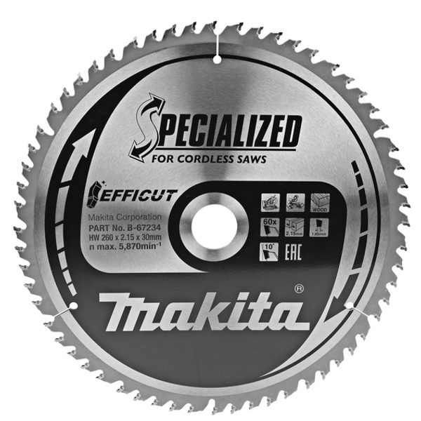 MAKITA B-67234 - KOTOUČ PILOVÝ DŘEVO EFFICUT 260X2.15X30MM 60Z = NEW B-67284 - PILOVÉ KOTOUČE EFFICUT{% if zbozi.kategorie.adresa_nazvy[0] != zbozi.kategorie.nazev %} - MAKITA-SHOP{% endif %}