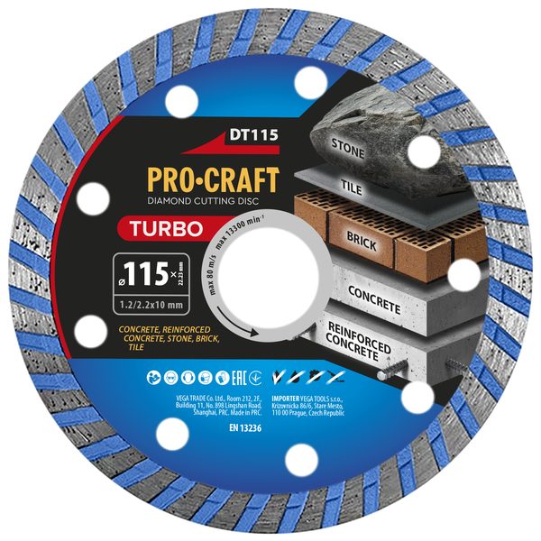 DIAMANTOVÝ ŘEZNÝ KOTOUČ TURBO PROCRAFT DT115 | DT115 PROCRAFT - DIA KOTOUČ 115 MM{% if zbozi.kategorie.adresa_nazvy[0] != zbozi.kategorie.nazev %} - PŘÍSLUŠENSTVÍ{% endif %}