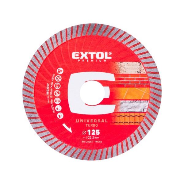 EXTOL PREMIUM KOTOUČ DIAMANTOVÝ ŘEZNÝ, TURBO - SUCHÉ I MOKRÉ ŘEZÁNÍ, O 125X22,2X2MM, 8803052 - DIA KOTOUČ 125 MM{% if zbozi.kategorie.adresa_nazvy[0] != zbozi.kategorie.nazev %} - PŘÍSLUŠENSTVÍ{% endif %}
