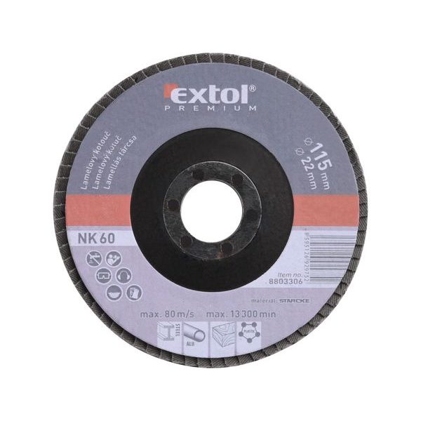 EXTOL PREMIUM KOTOUČ LAMELOVÝ ŠIKMÝ KORUNDOVÝ, P60, O 115MM, 8803306 - LAMELOVÉ KOTOUČE CORUNDUM{% if zbozi.kategorie.adresa_nazvy[0] != zbozi.kategorie.nazev %} - PŘÍSLUŠENSTVÍ{% endif %}