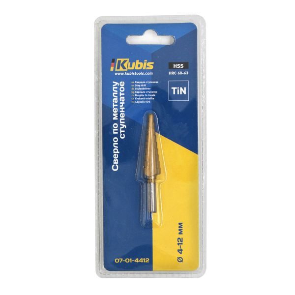 VRTÁK DO KOVU STUPŇOVITÝ HSS, ∅4-12MM, TIN, HRC 60-63 | 07-01-4412 KUBIS - STUPŇOVITÉ VRTÁKY{% if zbozi.kategorie.adresa_nazvy[0] != zbozi.kategorie.nazev %} - PŘÍSLUŠENSTVÍ{% endif %}