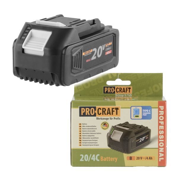 BATERIE AKUMULÁTOROVÁ 20V LI-ION, 4000MAH PROCRAFT 20/4C (VYBAVENA USB-C PORTEM 45W ) - PŘÍSLUŠENSTVÍ PROCRAFT{% if zbozi.kategorie.adresa_nazvy[0] != zbozi.kategorie.nazev %} - NÁHRADNÍ DÍLY{% endif %}