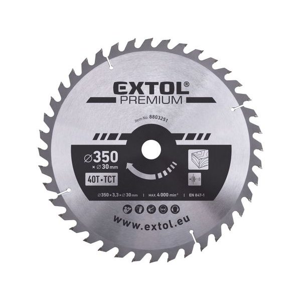 EXTOL PREMIUM KOTOUČ PILOVÝ S SK PLÁTKY, O 350X3,3X30MM, 40T, 8803251 - PRŮMĚR 255 - 270, 300 - 355{% if zbozi.kategorie.adresa_nazvy[0] != zbozi.kategorie.nazev %} - PŘÍSLUŠENSTVÍ{% endif %}