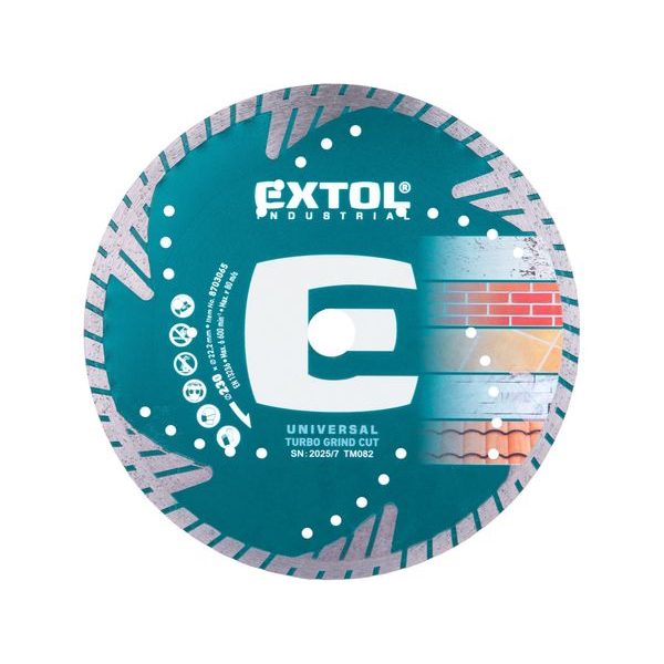 EXTOL INDUSTRIAL KOTOUČ DIAMANTOVÝ ŘEZNÝ, TURBO GRIND CUT, SUCHÉ I MOKRÉ ŘEZÁNÍ, O 230X22,2X2,6MM, 8703065 - DIA KOTOUČ 230 MM{% if zbozi.kategorie.adresa_nazvy[0] != zbozi.kategorie.nazev %} - PŘÍSLUŠENSTVÍ{% endif %}