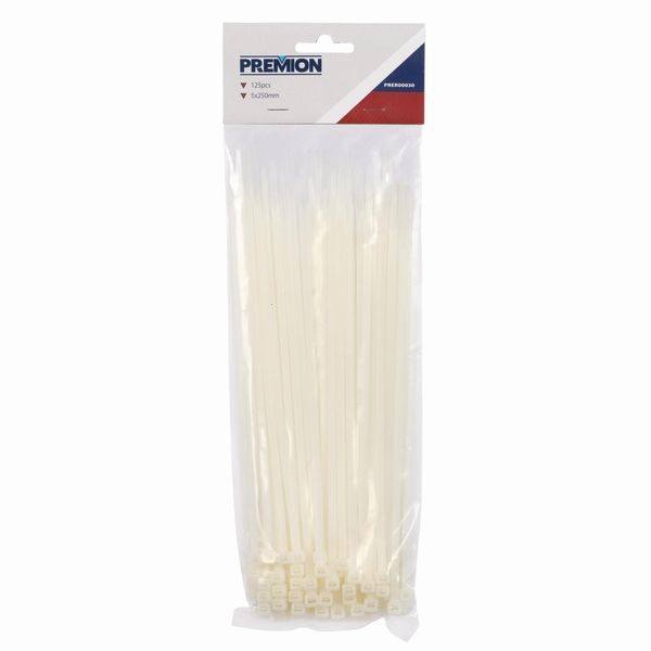 PREMION PRER00030 STAHOVACÍ PÁSKY 5 X 250MM BÍLÉ 125KS - STAHOVACÍ PÁSKY, ZDRHY{% if zbozi.kategorie.adresa_nazvy[0] != zbozi.kategorie.nazev %} - DÍLNA A GARÁŽ{% endif %}