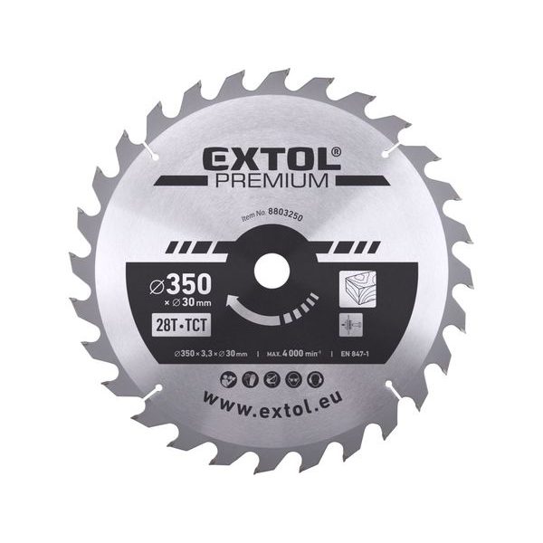 EXTOL PREMIUM KOTOUČ PILOVÝ S SK PLÁTKY, O 350X3,3X30MM, 28T, 8803250 - PRŮMĚR 255 - 270, 300 - 355{% if zbozi.kategorie.adresa_nazvy[0] != zbozi.kategorie.nazev %} - PŘÍSLUŠENSTVÍ{% endif %}