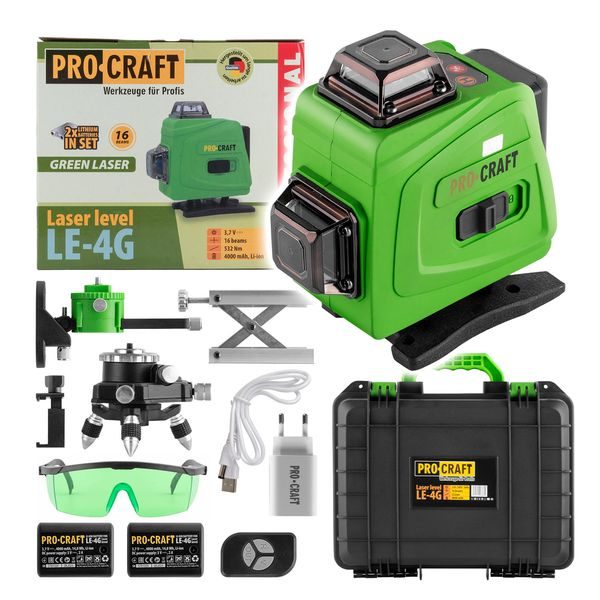 LASER ZELENÝ LINIOVÝ, KŘÍŽOVÝ SAMONIVELAČNÍ PROCRAFT LE-4G | LE-4G PROCRAFT - LINIOVÉ LASERY{% if zbozi.kategorie.adresa_nazvy[0] != zbozi.kategorie.nazev %} - MĚŘÍCÍ TECHNIKA{% endif %}