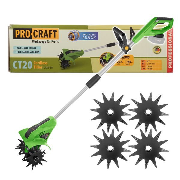 AKU KULTIVÁTOR PROCRAFT CT20BB (BEZ BATERIE A NABÍJEČKY) | CT20BB PROCRAFT - AKU KULTIVÁTORY{% if zbozi.kategorie.adresa_nazvy[0] != zbozi.kategorie.nazev %} - ZAHRADA{% endif %}
