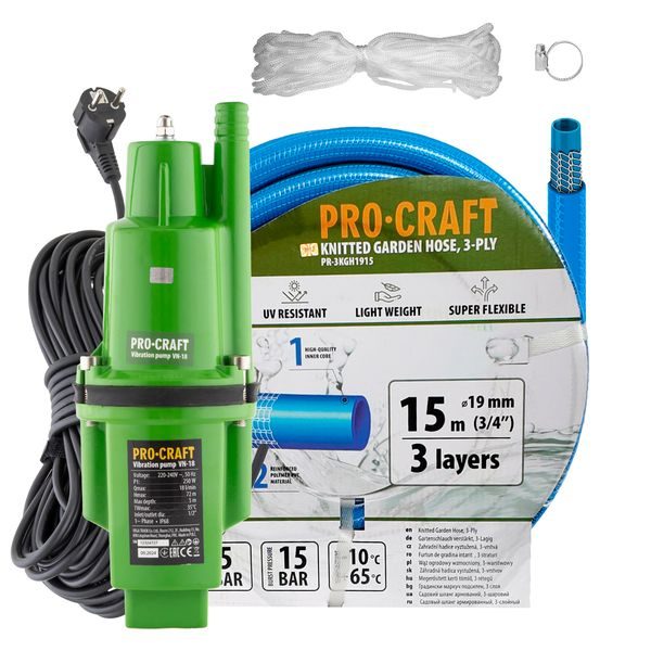 VIBRAČNÍ ČERPADLO PROCRAFT SVN-18 SADA S HADICÍ 15M 3/4" PR-4GH1915 | SVN-18 PROCRAFT - HLUBINNÁ ČERPADLA{% if zbozi.kategorie.adresa_nazvy[0] != zbozi.kategorie.nazev %} - ZAHRADA{% endif %}