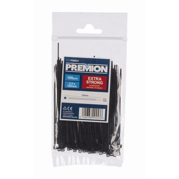 PREMION PREP00024 STAHOVACÍ PÁSKY ČERNÉ 2,5 X 100MM 100KS - STAHOVACÍ PÁSKY, ZDRHY{% if zbozi.kategorie.adresa_nazvy[0] != zbozi.kategorie.nazev %} - DÍLNA A GARÁŽ{% endif %}