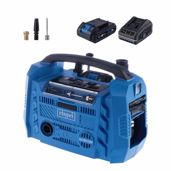 SCHEPPACH AIR FORCE 6-SET S HYBRIDNÍ KOMPRESOR (20 V IXES AKU, 12 V, 230 V) + 2AH BATERIE + NABÍJEČKA 2,4 A - AKU KOMPRESORY{% if zbozi.kategorie.adresa_nazvy[0] != zbozi.kategorie.nazev %} - AKU NÁŘADÍ{% endif %}