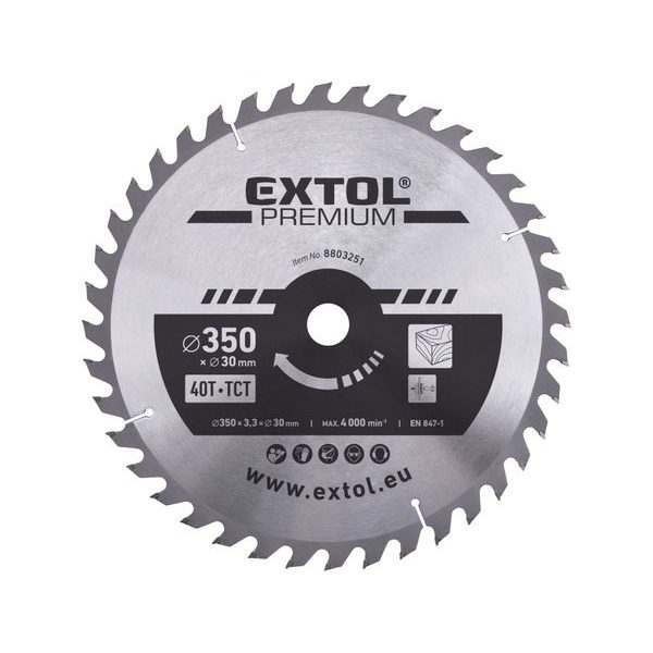 EXTOL PREMIUM KOTOUČ PILOVÝ S SK PLÁTKY, O 350X3,3X30MM, 40T, 8803251 - PRŮMĚR 255 - 270, 300 - 355{% if zbozi.kategorie.adresa_nazvy[0] != zbozi.kategorie.nazev %} - PŘÍSLUŠENSTVÍ{% endif %}