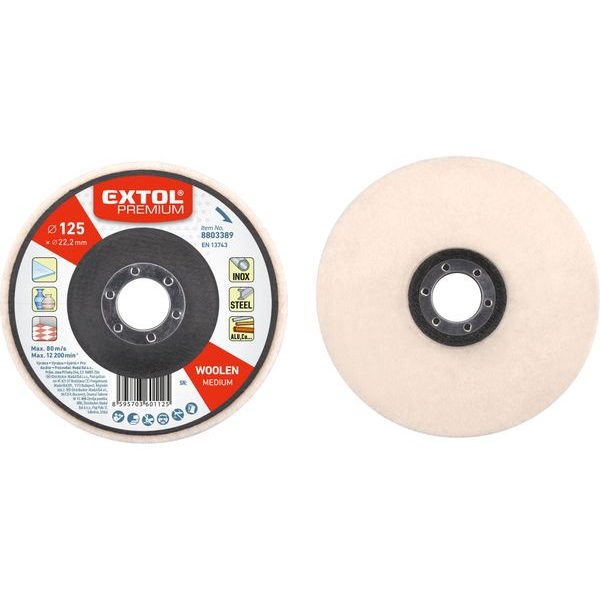 EXTOL PREMIUM KOTOUČ LEŠTÍCÍ FILCOVÝ/PLSTĚNÝ, CELOOBVODOVÝ ROVNÝ, O 125X15MM, 8803389 - LAMELOVÉ KOTOUČE{% if zbozi.kategorie.adresa_nazvy[0] != zbozi.kategorie.nazev %} - PŘÍSLUŠENSTVÍ{% endif %}
