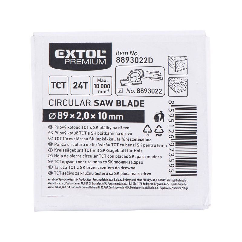 EXTOL PREMIUM KOTOUČ PILOVÝ S SK PLÁTKY, ⌀89×2,0×10MM, 24T, 8893022D - PRO PILY EXTOL - NÁHRADNÍ DÍLY