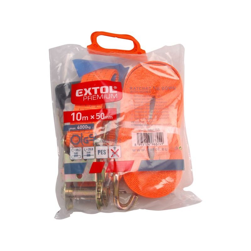 EXTOL PREMIUM PÁS UPÍNACÍ RÁČNOVÝ S HÁKY, 10M X 50MM, MAX. 4000KG, 8861155 - UPÍNACÍ PÁSY (KURTNY) A GUMY - DÍLNA A GARÁŽ