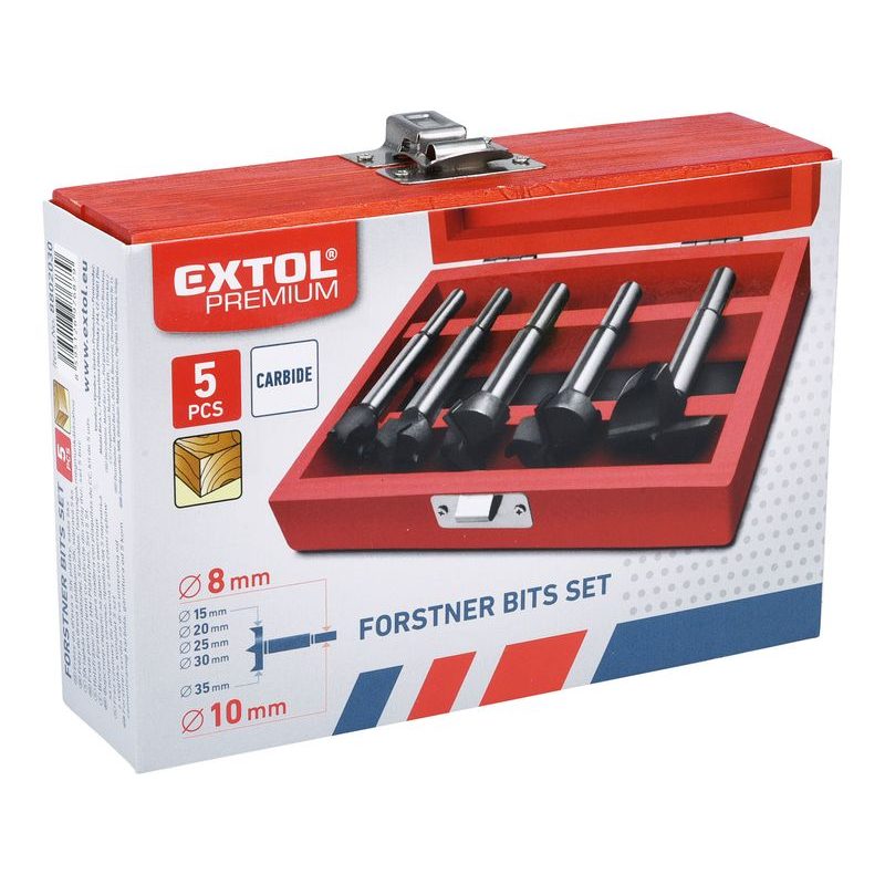 EXTOL PREMIUM FRÉZY-SUKOVNÍKY DO DŘEVA, SADA 5KS S SK PLÁTKY, O 15-20-25-30-35MM, STOPKA 8-10MM, 8802030 - SUKOVNÍKY - PŘÍSLUŠENSTVÍ