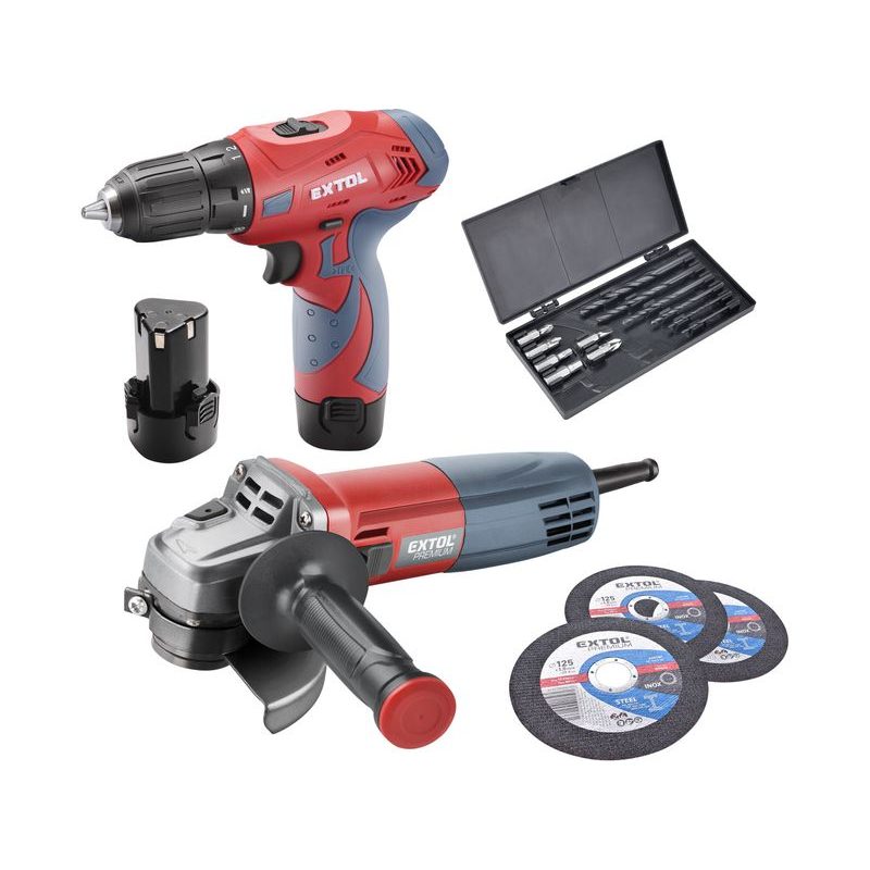 EXTOL PREMIUM VRTACÍ ŠROUBOVÁK AKU, 12V LI-ION (2X) A BRUSKA ÚHLOVÁ 125MM V PLASTOVÉM BOXU, 8898311 - SETY AKUNÁŘADÍ - ELEKTRICKÉ NÁŘADÍ