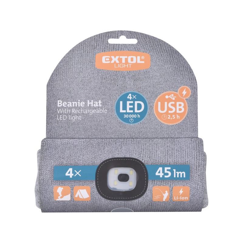 EXTOL LIGHT ČEPICE S ČELOVKOU 4X45LM, USB NABÍJENÍ, ŠEDÁ, UNIVERZÁLNÍ VELIKOST, 73% ACRYL A 27% POLYESTER, 43195 - ČEPICE, KŠILTOVKY, PONOŽKY A JINÉ - PŘÍSLUŠENSTVÍ