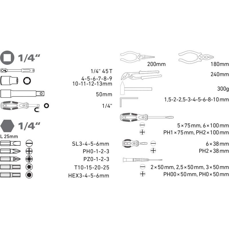 EXTOL CRAFT SADA NÁŘADÍ 57KS, 1/4", CRV, 6599 - SADY NÁŘADÍ - RUČNÍ NÁŘADÍ
