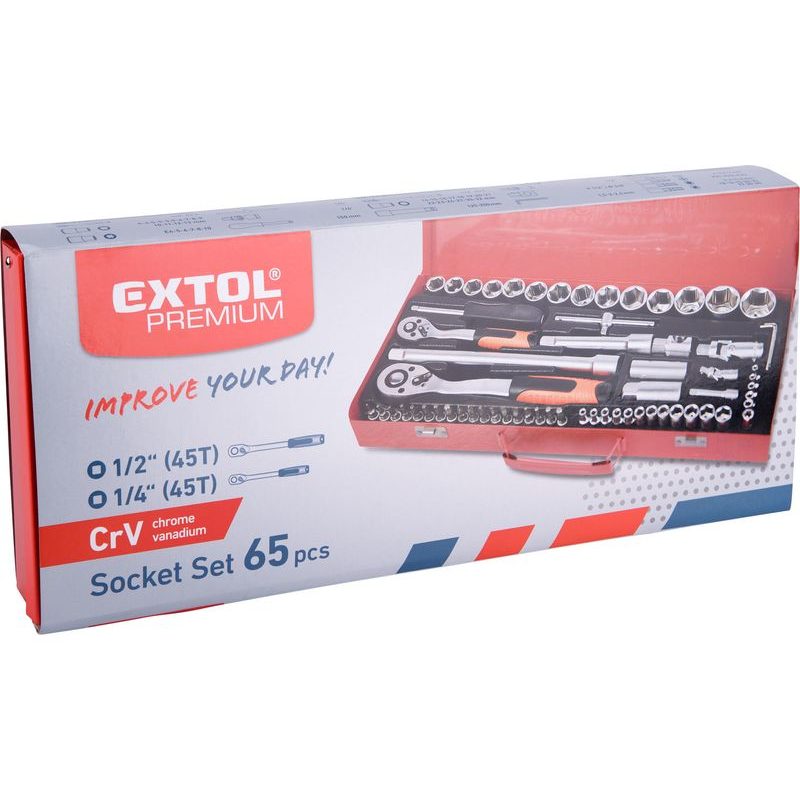 EXTOL PREMIUM HLAVICE NÁSTRČNÉ, SADA 65KS, 1/4", 1/2", 8818370 - GOLA SADY - RUČNÍ NÁŘADÍ