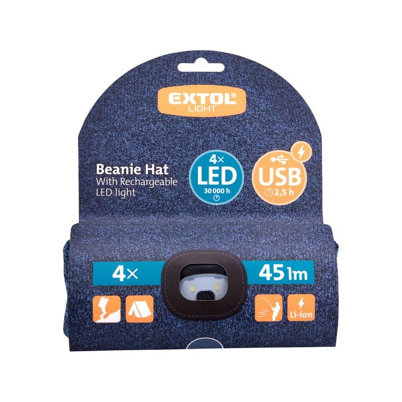 EXTOL LIGHT ČEPICE S ČELOVKOU 4X45LM, USB NABÍJENÍ, MODRÁ/ČERNÁ, UNIVERZÁLNÍ VELIKOST, 100% ACRYL, 43463 - ČEPICE, KŠILTOVKY, PONOŽKY A JINÉ - PŘÍSLUŠENSTVÍ