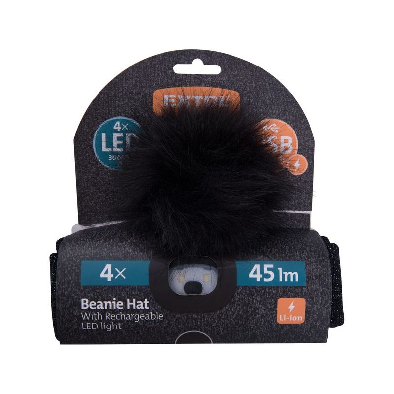 EXTOL LIGHT ČEPICE S ČELOVKOU 4X45LM, USB NABÍJENÍ, ČERNÁ SE TŘPYTKOU A BAMBULÍ, UNIVERZÁLNÍ VELIKOST, 90% ACRYL A 10% POLYESTER, 43196 - ČEPICE, KŠILTOVKY, PONOŽKY A JINÉ - PŘÍSLUŠENSTVÍ