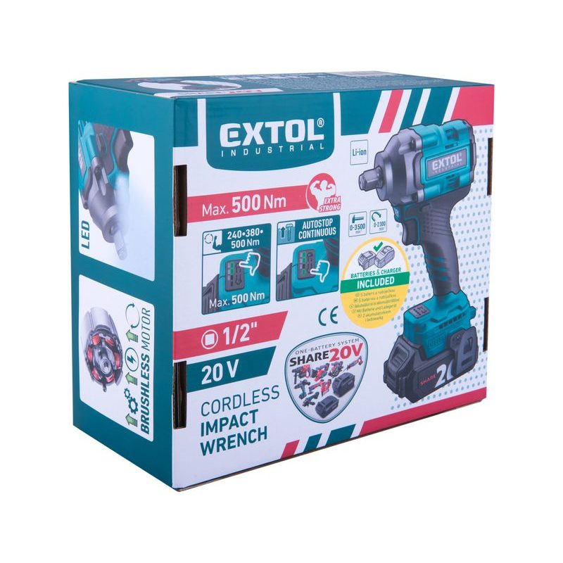 EXTOL INDUSTRIAL UTAHOVÁK RÁZOVÝ 1/2" AKU SHARE20V, 500NM, BRUSHLESS, 2AH, 8791814 - RÁZOVÝ UTAHOVÁK 18V - AKU NÁŘADÍ