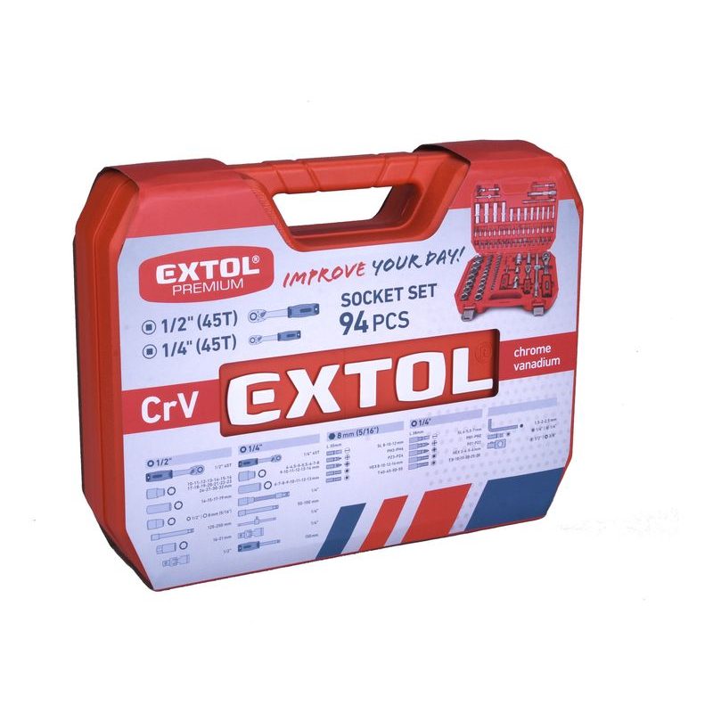 EXTOL PREMIUM HLAVICE NÁSTRČNÉ, SADA 94KS, 1/4", 1/2", CRV/S2, 8818337 - GOLA SADY - RUČNÍ NÁŘADÍ