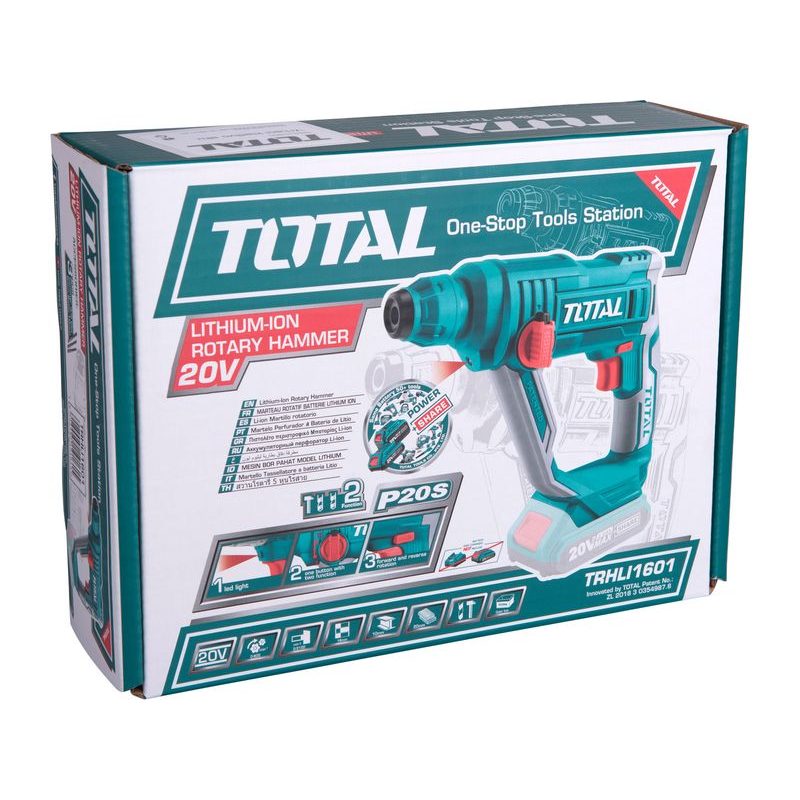 TOTAL KLADIVO VRTACÍ, 20V LI-ION, 2000MAH, SDS PLUS, 1.5J, BEZ BATERIE A NABÍJEČKY, TRHLI1601 - AKU VRTACÍ, SEKACÍ A KOMBINOVANÁ KLADIVA - AKU NÁŘADÍ