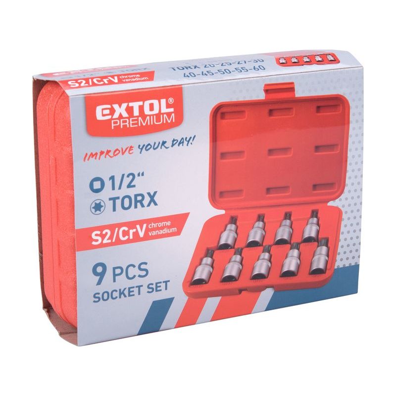 EXTOL PREMIUM HLAVICE ZÁSTRČNÉ TORX, SADA 9KS, 1/2", CRV/S2, 8818124 - GOLA SADY - RUČNÍ NÁŘADÍ