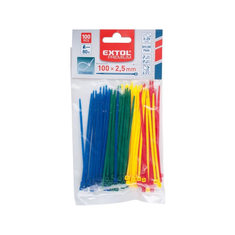 EXTOL PREMIUM PÁSKY STAHOVACÍ BAREVNÉ, 100X2,5MM, 100KS, (4X25KS), 4 BARVY, NYLON PA66, 8856192 - STAHOVACÍ PÁSKY, ZDRHY - DÍLNA A GARÁŽ