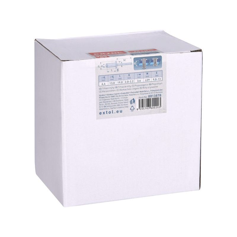 EXTOL PREMIUM NÝTY TRHACÍ HLINÍKOVÉ SADA 250KS, O 6,4X19MM PLOCHÁ HLAVA, 8813878 - PRO NÝTOVAČKY - PŘÍSLUŠENSTVÍ